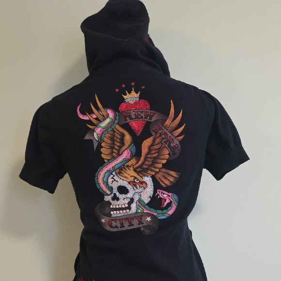 Ed Hardy Black Graphic Short Sleve Sweater With Zipper Size S - Picture 5 of 6